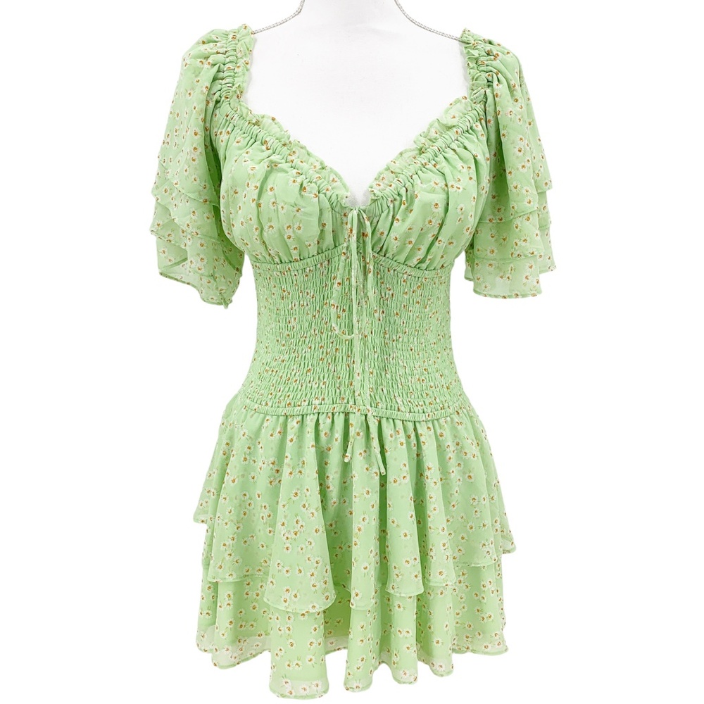 Sabo Skirt Liv Green Daisy Print Ruffled Mini Dress Sz S